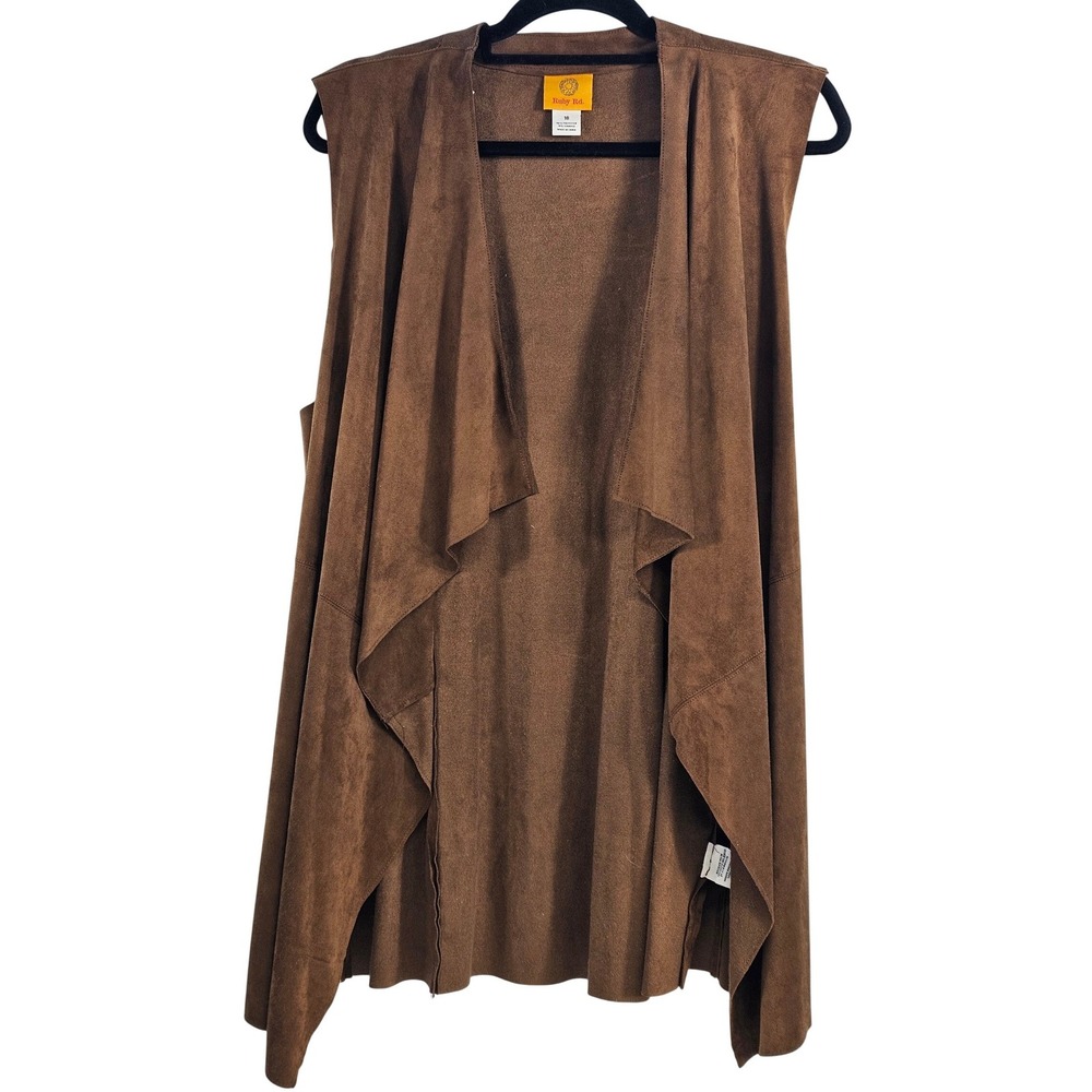 Ruby Rd. Women Brown Suede Open Front Waterfall Vest Style 41134 Size 18